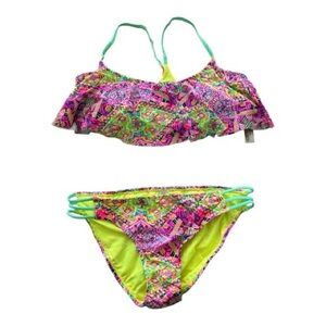 Arizona Jean Neon Multi-Color Ruffle Bikini Size Top: XL & Size: Bottom L